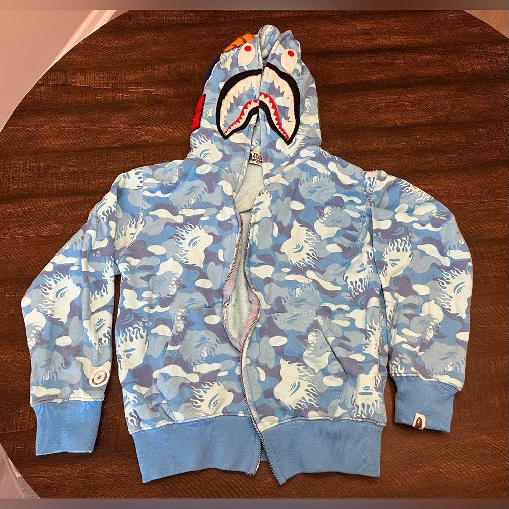 Bape Used Blue Fire Camo Shark Zip Up Hoodie-Small-Broken/Missing Zipper